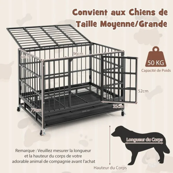 Cage pour Chien de Grande et Moyenne Taille de 96 cm en Métal Pliable Roulettes et 2 Portes Verrouillables Plateau Amovible Caisse Noir