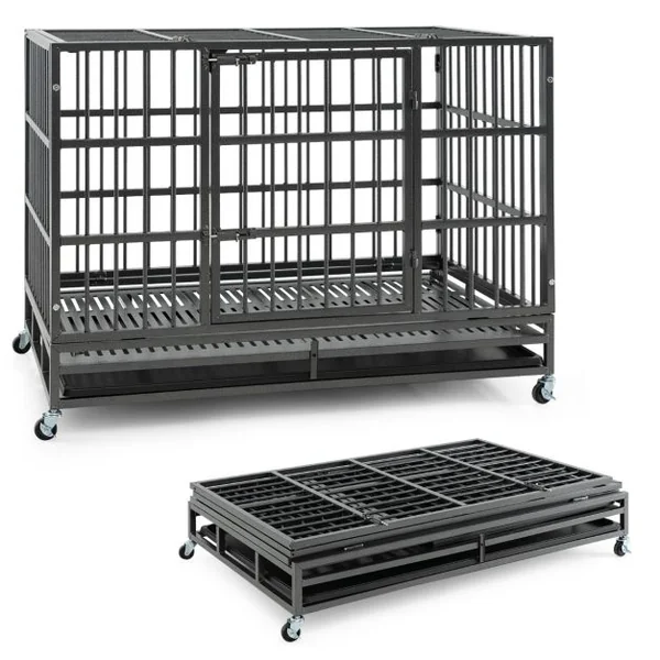 Cage pour Chien de Très Grande et Grande Taille de 120 cm en Métal Pliable Roulettes et 2 Portes Verrouillables Plateau Amovible Caisse Noir