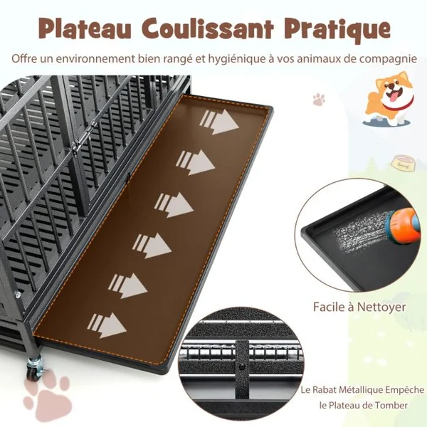 Cage pour Chien de Très Grande et Grande Taille de 120 cm en Métal Pliable Roulettes et 2 Portes Verrouillables Plateau Amovible Caisse Noir