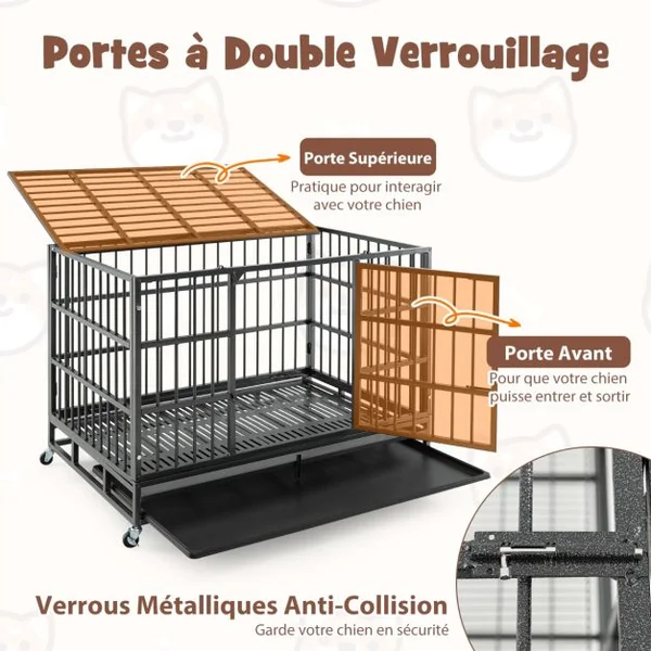 Cage pour Chien de Très Grande et Grande Taille de 120 cm en Métal Pliable Roulettes et 2 Portes Verrouillables Plateau Amovible Caisse Noir