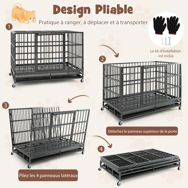 Cage pour Chien de Très Grande et Grande Taille de 120 cm en Métal Pliable Roulettes et 2 Portes Verrouillables Plateau Amovible Caisse Noir