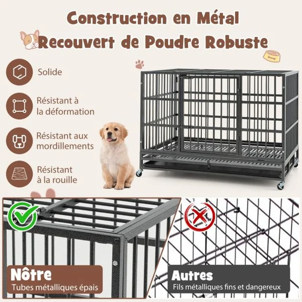 Cage pour Chien de Très Grande et Grande Taille de 120 cm en Métal Pliable Roulettes et 2 Portes Verrouillables Plateau Amovible Caisse Noir