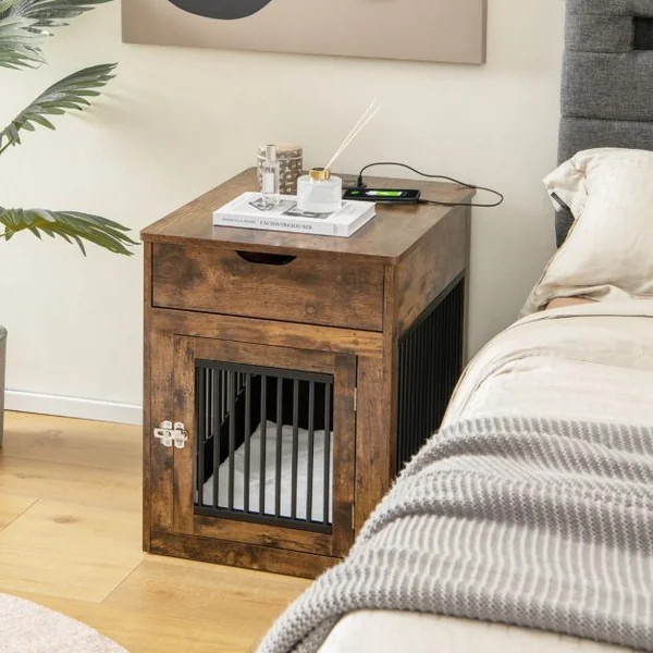 Cage pour Chien en Bois avec Station de Charge Sans Fils Cage Chien au Chevet avec Tiroir et Porte Verrouillable Niche et Coussin Inclus 50 x 64 x 63 cm
