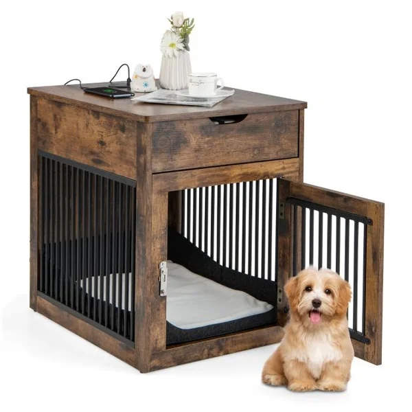 Cage pour Chien en Bois avec Station de Charge Sans Fils Cage Chien au Chevet avec Tiroir et Porte Verrouillable Niche et Coussin Inclus 50 x 64 x 63 cm