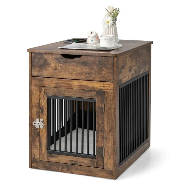 Cage pour Chien en Bois avec Station de Charge Sans Fils Cage Chien au Chevet avec Tiroir et Porte Verrouillable Niche et Coussin Inclus 50 x 64 x 63 cm