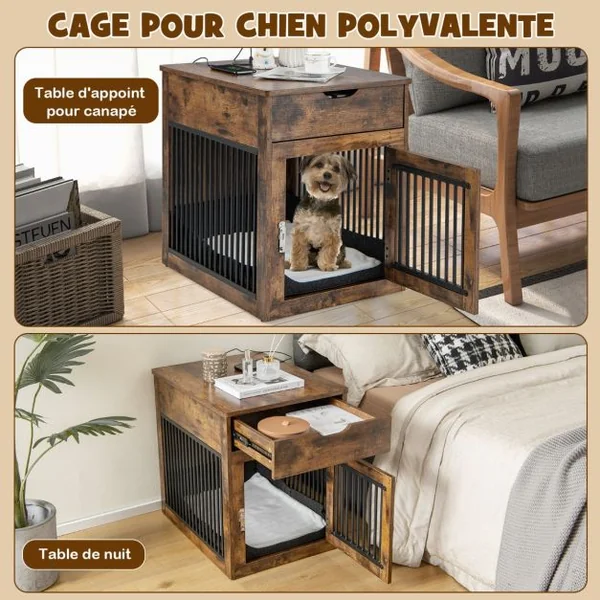 Cage pour Chien en Bois avec Station de Charge Sans Fils Cage Chien au Chevet avec Tiroir et Porte Verrouillable Niche et Coussin Inclus 50 x 64 x 63 cm
