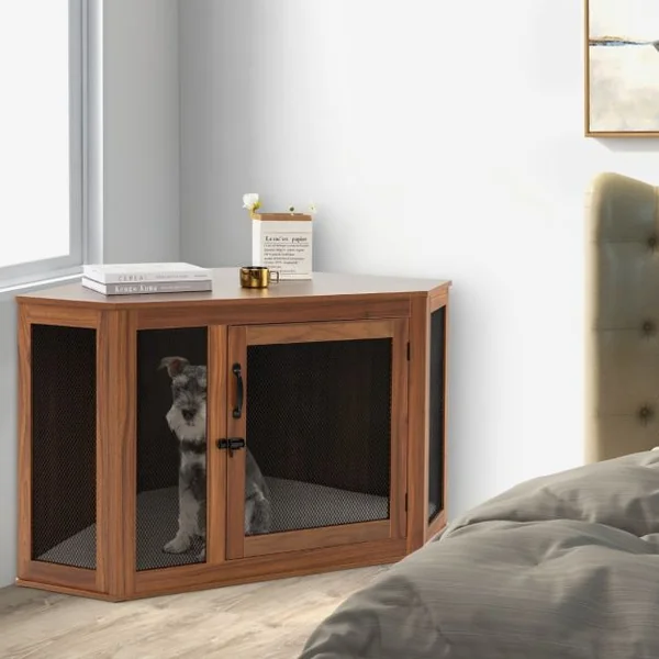 Cage pour Chien Intérieur XXL Cage d’Angle pour Animaux de Compagnie avec Porte Verrouillabl Niche Chien Caisse Chien 114 x 60 x 68 CM Brun