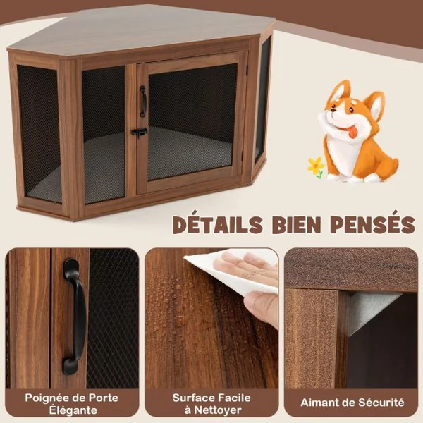 Cage pour Chien Intérieur XXL Cage d’Angle pour Animaux de Compagnie avec Porte Verrouillabl Niche Chien Caisse Chien 114 x 60 x 68 CM Brun