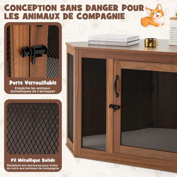 Cage pour Chien Intérieur XXL Cage d’Angle pour Animaux de Compagnie avec Porte Verrouillabl Niche Chien Caisse Chien 114 x 60 x 68 CM Brun