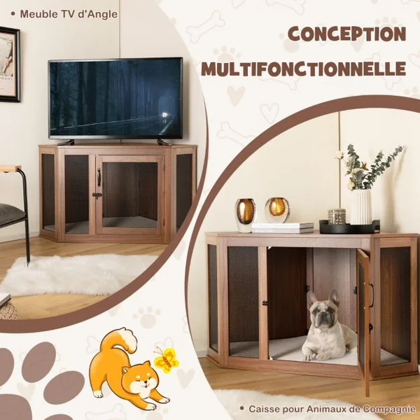 Cage pour Chien Intérieur XXL Cage d’Angle pour Animaux de Compagnie avec Porte Verrouillabl Niche Chien Caisse Chien 114 x 60 x 68 CM Brun