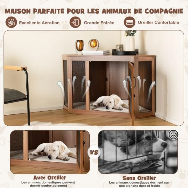 Cage pour Chien Intérieur XXL Cage d’Angle pour Animaux de Compagnie avec Porte Verrouillabl Niche Chien Caisse Chien 114 x 60 x 68 CM Brun