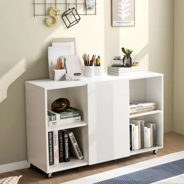 Caisson Bureau avec 6 Compartiments Support Imprimante sur 6 Roues Universelles Verrouillable 110 x 40 x 69 cm Blanc