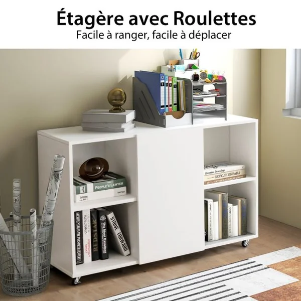 Caisson Bureau avec 6 Compartiments Support Imprimante sur 6 Roues Universelles Verrouillable 110 x 40 x 69 cm Blanc