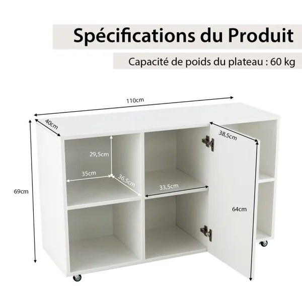 Caisson Bureau avec 6 Compartiments Support Imprimante sur 6 Roues Universelles Verrouillable 110 x 40 x 69 cm Blanc