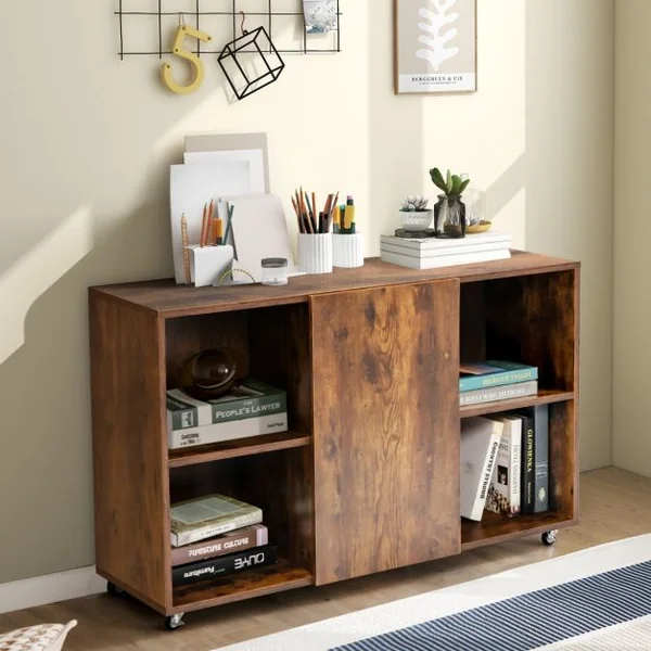 Caisson Bureau avec 6 Compartiments Support Imprimante sur 6 Roues Universelles Verrouillable 110 x 40 x 69 cm Café
