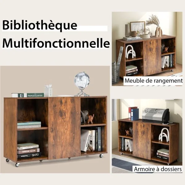 Caisson Bureau avec 6 Compartiments Support Imprimante sur 6 Roues Universelles Verrouillable 110 x 40 x 69 cm Café