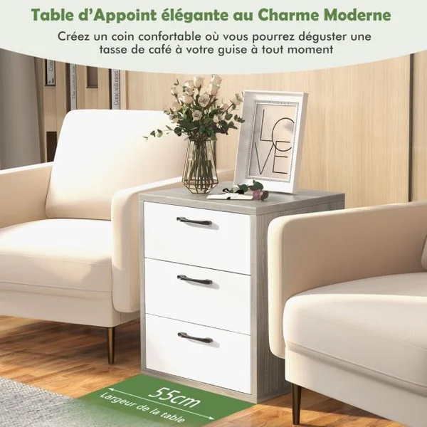 Caisson de Bureau Meuble de Rangement 55 x 45 x 66 cm avec 3 Tiroirs Coulissants pour Feuilles A4 Lettre Dossiers Gris et Blanc