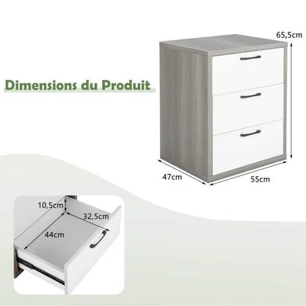 Caisson de Bureau Meuble de Rangement 55 x 45 x 66 cm avec 3 Tiroirs Coulissants pour Feuilles A4 Lettre Dossiers Gris et Blanc