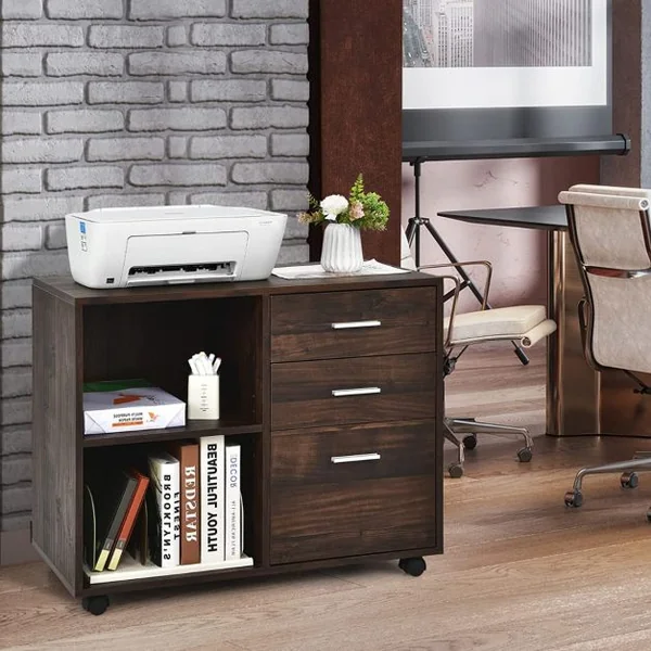 Caisson de Bureau Mobile avec 3 Tiroirs 2 Étagères Réglable à 5 Positions avec roulettes pour Bureau à Domicile Marron Rustique