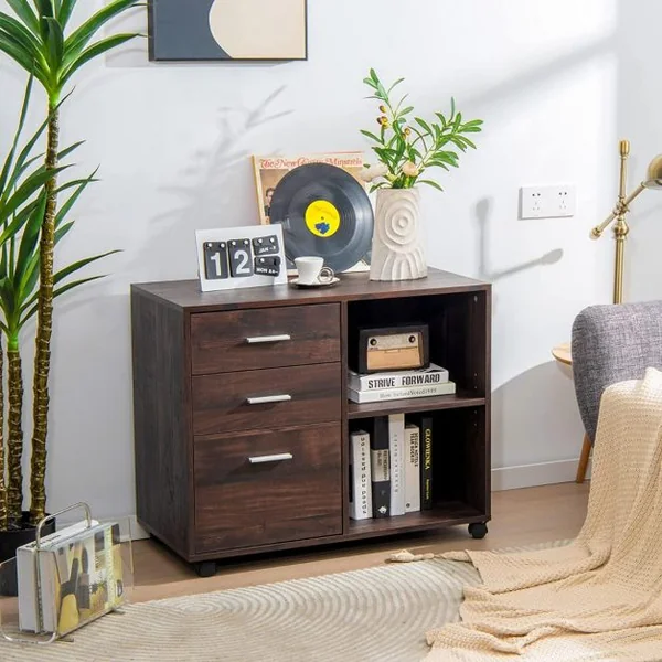 Caisson de Bureau Mobile avec 3 Tiroirs 2 Étagères Réglable à 5 Positions avec roulettes pour Bureau à Domicile Marron Rustique