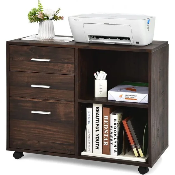 Caisson de Bureau Mobile avec 3 Tiroirs 2 Étagères Réglable à 5 Positions avec roulettes pour Bureau à Domicile Marron Rustique