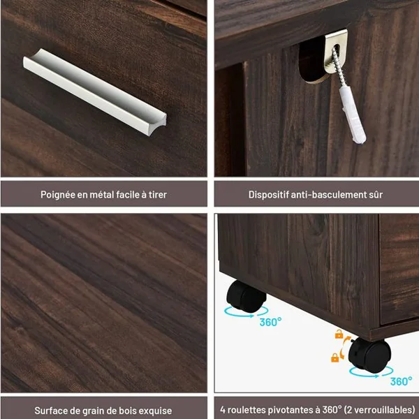 Caisson de Bureau Mobile avec 3 Tiroirs 2 Étagères Réglable à 5 Positions avec roulettes pour Bureau à Domicile Marron Rustique