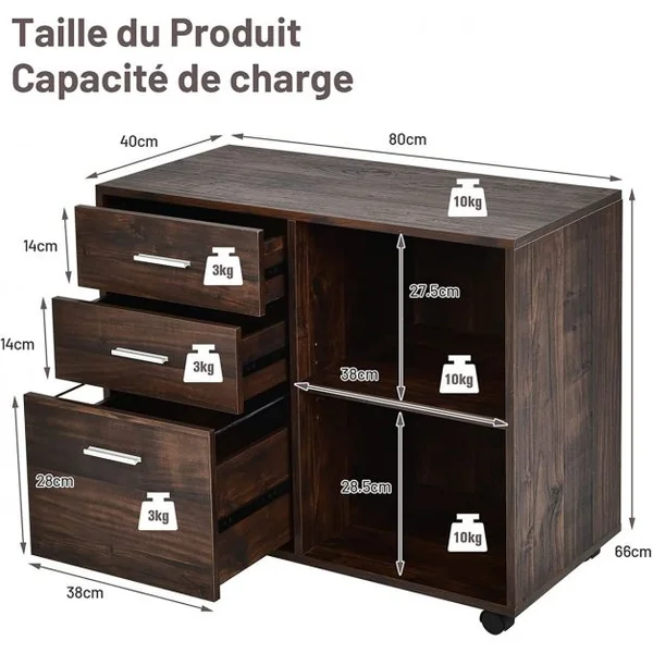 Caisson de Bureau Mobile avec 3 Tiroirs 2 Étagères Réglable à 5 Positions avec roulettes pour Bureau à Domicile Marron Rustique