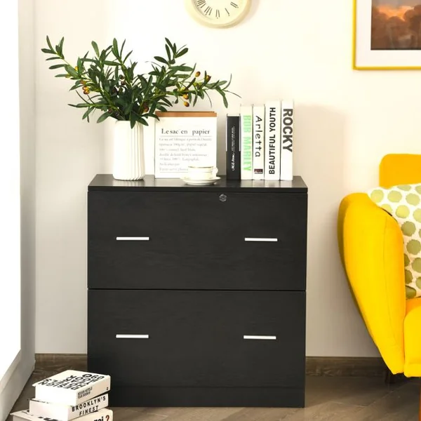Caisson de Bureau Verrouillable avec 2 Grands Tiroirs Support Imprimante avec Barres Suspendues Amovibles 2 Clés Inclus 72 x 40 x 74 cm Noir