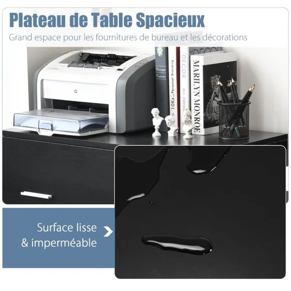 Caisson de Bureau Verrouillable avec 2 Grands Tiroirs Support Imprimante avec Barres Suspendues Amovibles 2 Clés Inclus 72 x 40 x 74 cm Noir