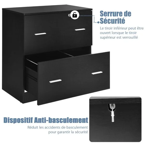 Caisson de Bureau Verrouillable avec 2 Grands Tiroirs Support Imprimante avec Barres Suspendues Amovibles 2 Clés Inclus 72 x 40 x 74 cm Noir