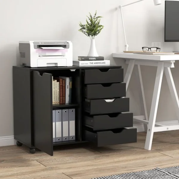 Caisson de Rangement à Roulettes 5 Tiroirs Placard Caisson Bureau Blanc avec Poignée Incurvée Support d'Imprimante Marron rustique