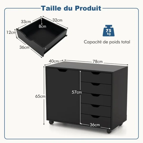 Caisson de Rangement à Roulettes 5 Tiroirs Placard Caisson Bureau Blanc avec Poignée Incurvée Support d'Imprimante Marron rustique