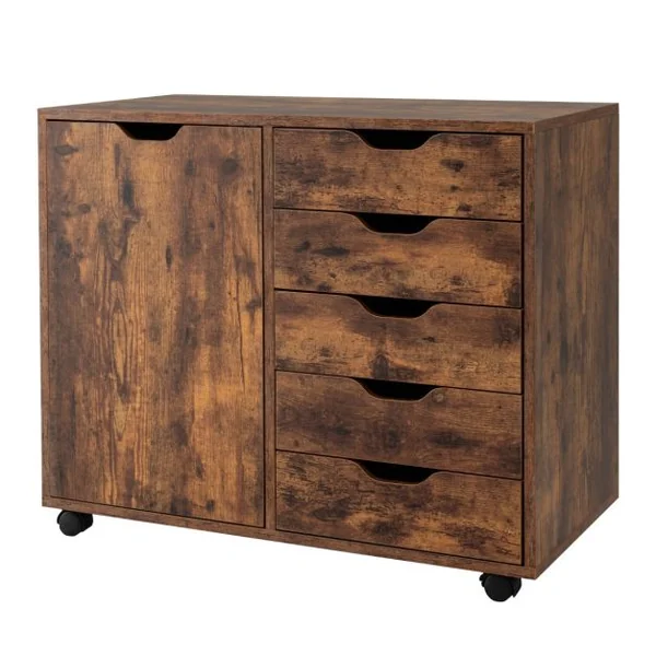 Caisson de Rangement à Roulettes 5 Tiroirs Placard Caisson Bureau Blanc avec Poignée Incurvée Support d'Imprimante Marron rustique