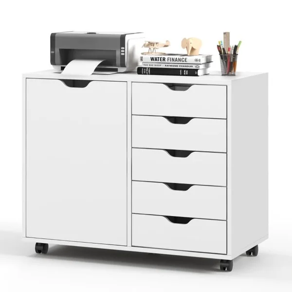 Caisson de Rangement à Roulettes 5 Tiroirs Placard Caisson Bureau Blanc avec Poignée Incurvée Support d'Imprimante Marron rustique