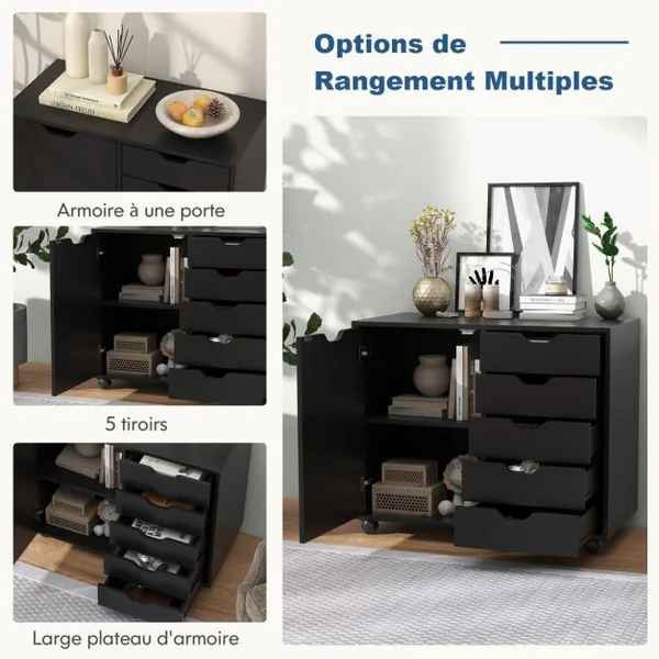 Caisson de Rangement à Roulettes 5 Tiroirs Placard Caisson Bureau Blanc avec Poignée Incurvée Support d'Imprimante Marron rustique