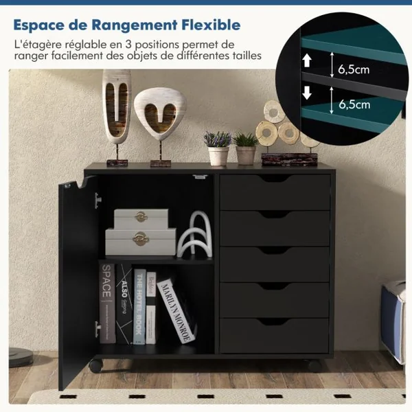 Caisson de Rangement à Roulettes 5 Tiroirs Placard Caisson Bureau Blanc avec Poignée Incurvée Support d'Imprimante Marron rustique