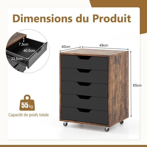 Caisson Mobile et Vertical à Roulettes avec 5 Tiroirs Poignée Incurvée et 2 Roues avec Frein 49 x 40 x 65 cm Café