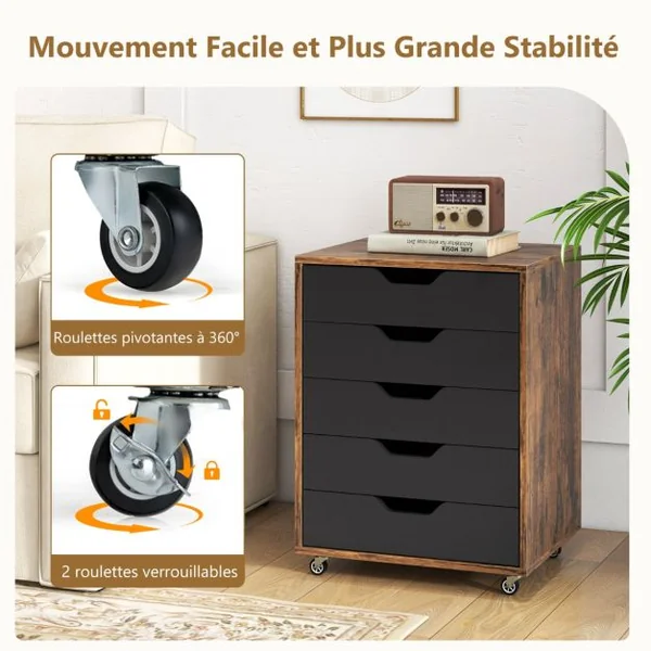 Caisson Mobile et Vertical à Roulettes avec 5 Tiroirs Poignée Incurvée et 2 Roues avec Frein 49 x 40 x 65 cm Café