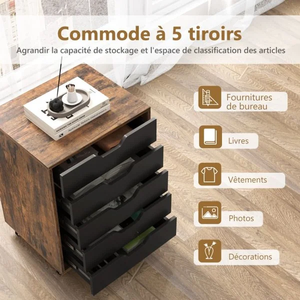 Caisson Mobile et Vertical à Roulettes avec 5 Tiroirs Poignée Incurvée et 2 Roues avec Frein 49 x 40 x 65 cm Café