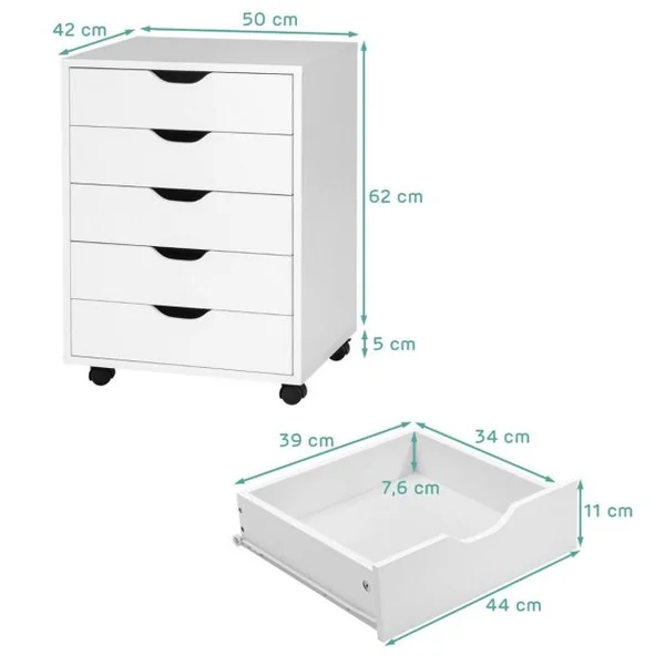 Caisson Mobile et Vertical à Roulettes avec 5 Tiroirs Poignée Incurvée et 2 Roues avec Frein 50 x 42 x 67 cm Café