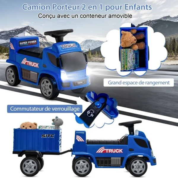 Camion avec Conteneur de Rangement Jouet de Véhicule avec Volant Musique Phares Siège Large avec Dossier Voiture à Pousser pour les Enfants de 18 à 36 Mois Bleu