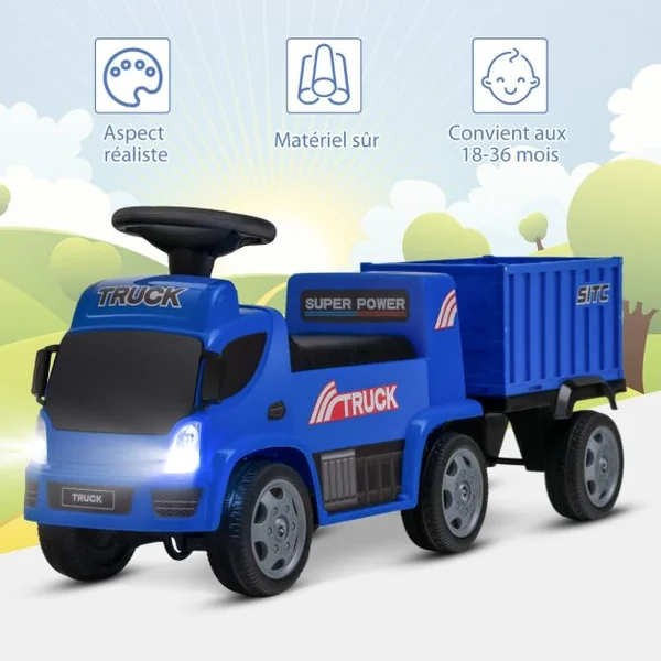 Camion avec Conteneur de Rangement Jouet de Véhicule avec Volant Musique Phares Siège Large avec Dossier Voiture à Pousser pour les Enfants de 18 à 36 Mois Bleu
