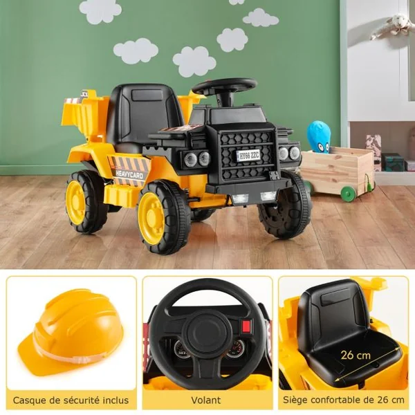 Camion Electrique Enfants 6V avec Godet Amovible & Casque de Sécurité Véhicule de Construction Electrique Charge 25kg pour Enfants de 18-36 Mois