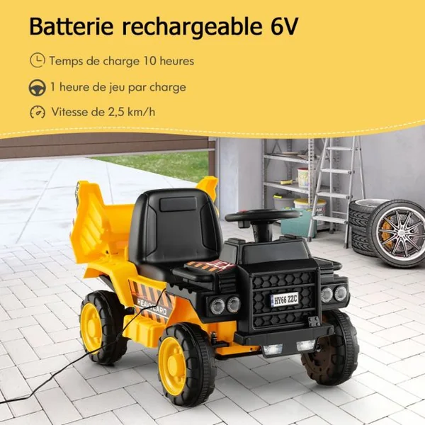 Camion Electrique Enfants 6V avec Godet Amovible & Casque de Sécurité Véhicule de Construction Electrique Charge 25kg pour Enfants de 18-36 Mois