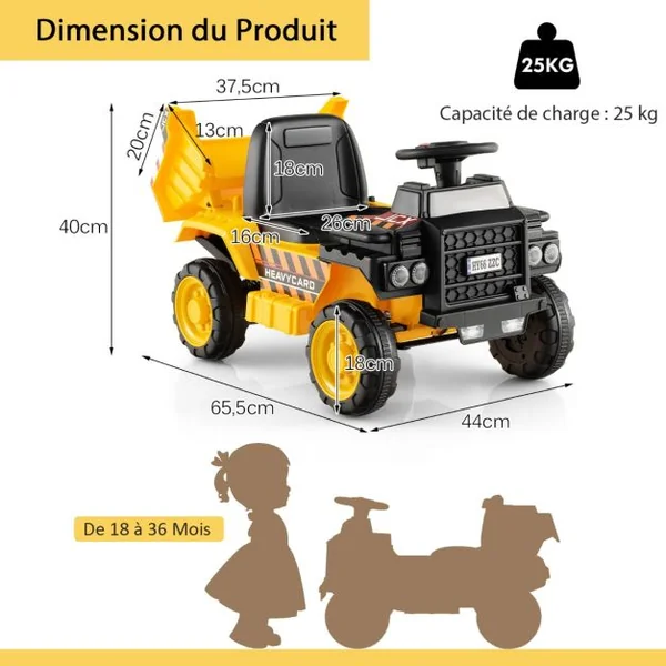 Camion Electrique Enfants 6V avec Godet Amovible & Casque de Sécurité Véhicule de Construction Electrique Charge 25kg pour Enfants de 18-36 Mois