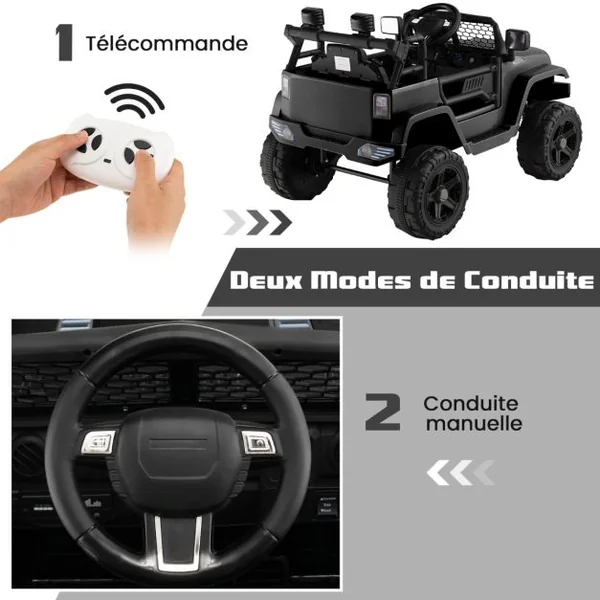 Camion Électrique pour Enfants 12V avec Batterie Télécommande Suspension à Ressort Phares Musique Port USB & Aux Noir/Rose