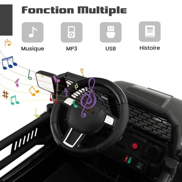 Camion Électrique pour Enfants 12V avec Batterie Télécommande Suspension à Ressort Phares Musique Port USB & Aux Noir/Rose