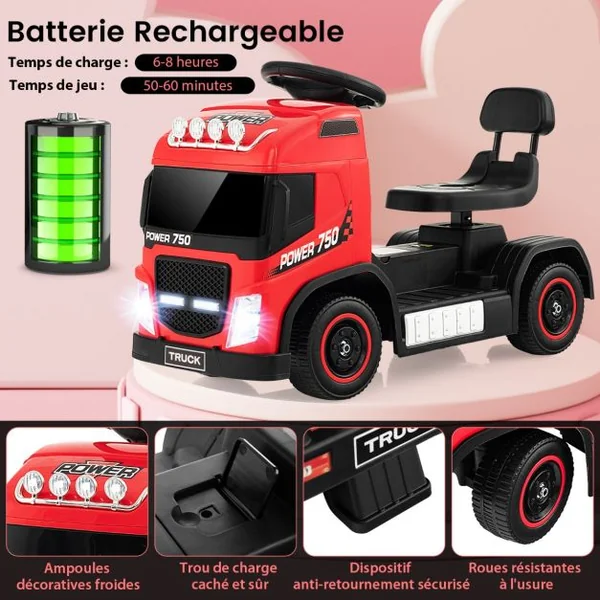 Camion Électrique pour Enfants Siège Réglable en Hauteur Lumières Led Musique et Son de Klaxon avec Mode Électrique Ou Roue Libre Rose