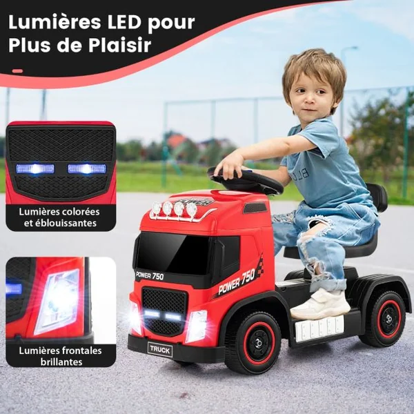 Camion Électrique pour Enfants Siège Réglable en Hauteur Lumières Led Musique et Son de Klaxon avec Mode Électrique Ou Roue Libre Rose