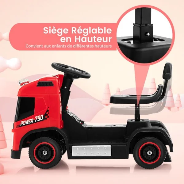 Camion Électrique pour Enfants Siège Réglable en Hauteur Lumières Led Musique et Son de Klaxon avec Mode Électrique Ou Roue Libre Rose
